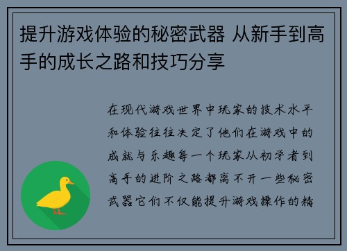 提升游戏体验的秘密武器 从新手到高手的成长之路和技巧分享